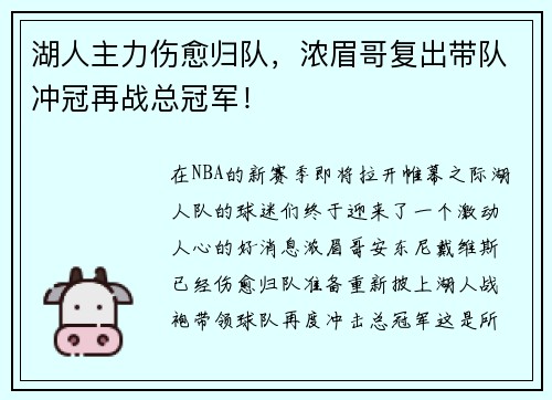 湖人主力伤愈归队，浓眉哥复出带队冲冠再战总冠军！